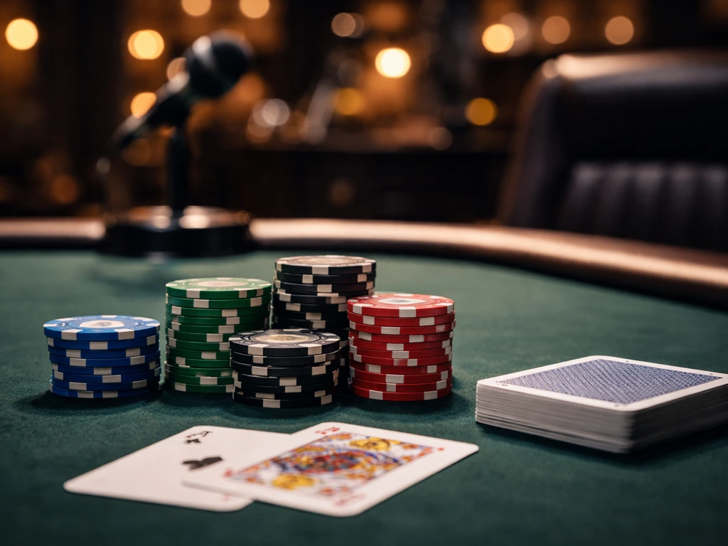Poker-themed newsroom scene with a muted card table and a subtle wealth vibe