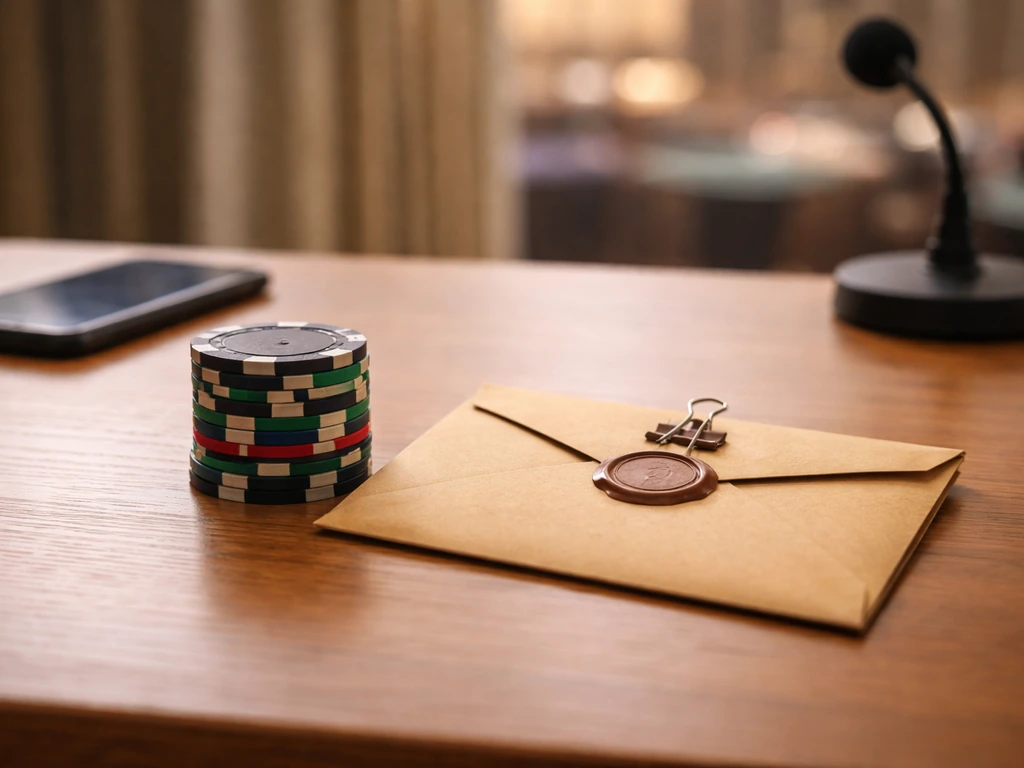 Minimal photo of a poker tournament media desk with a pay-out envelope and poker chips, symbolizing verified earnings.
