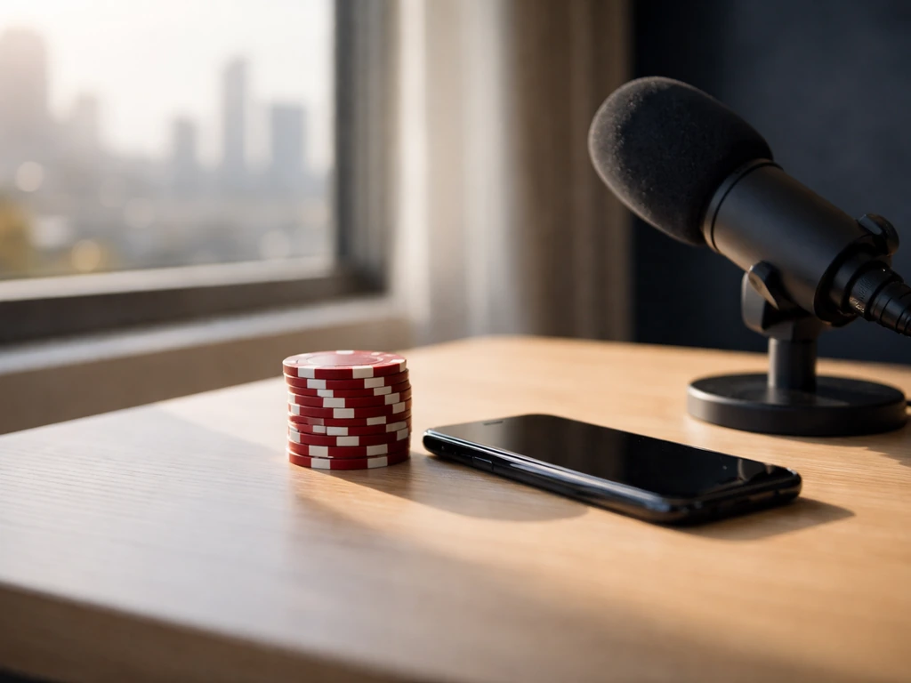 Close-up of a poker chip and smartphone on a studio desk, suggesting brand ambassadorship and media finance links