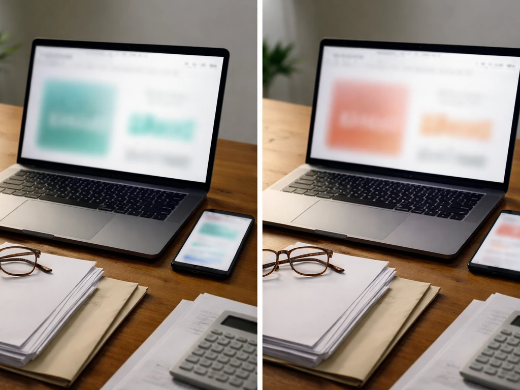 Minimal desk scene with a laptop and phone showing blurred, mismatched finance panels suggesting differing net-worth fig