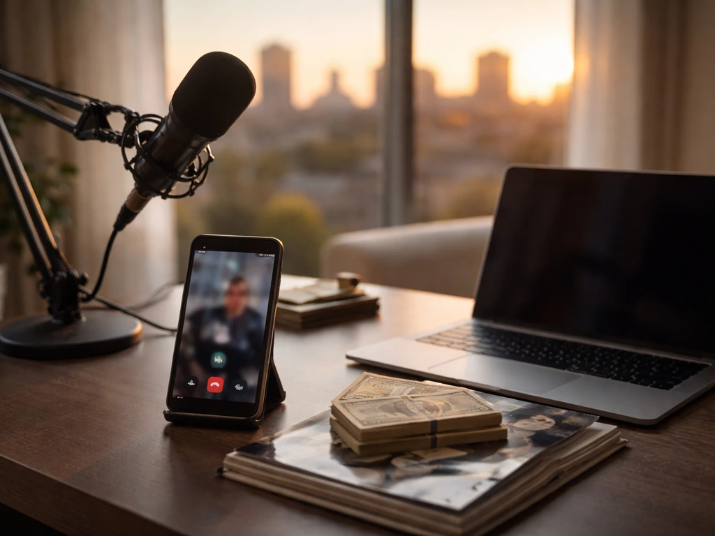Minimal home office scene with microphone, phone, and cash symbolizing reality TV and net-worth interest.