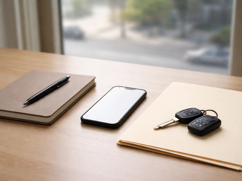 Minimal desk scene with notebook, pen, folder, and phone—symbolic of verifying personal finance figures.