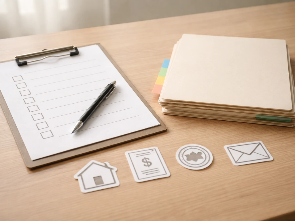 Minimal desk scene with a blank checklist and icons for property, tax, LLC registry, and paperwork.