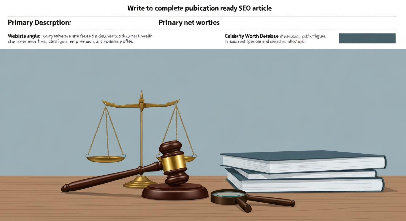 Editorial illustration of scales of justice, a gavel, and stacked legal files on a desk.