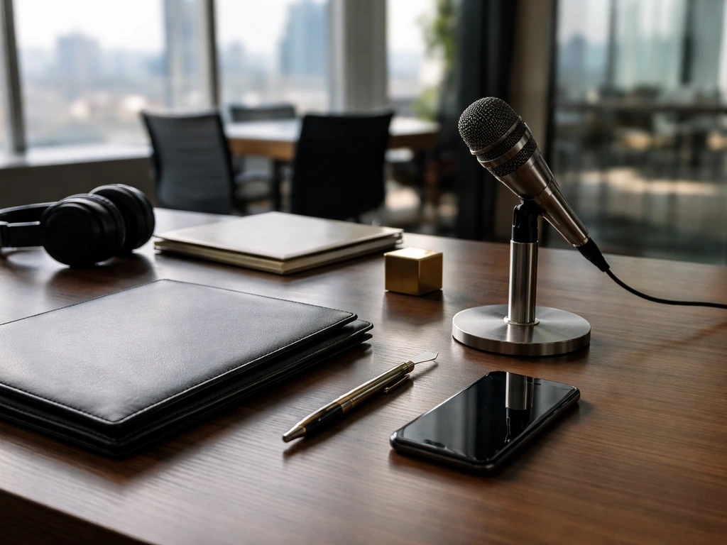 Minimal office desk scene with business items and headphones, symbolizing executive leadership and media work.