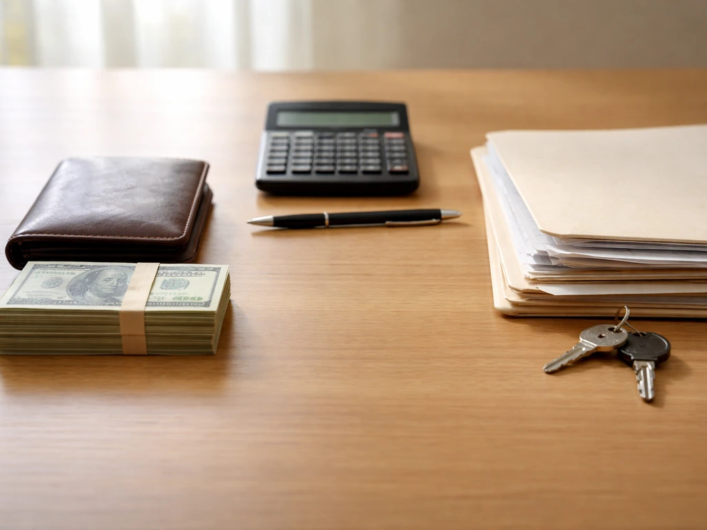 Close-up of a calculator, neatly stacked bills, and a folder marked by a blank tab showing assets vs liabilities concept