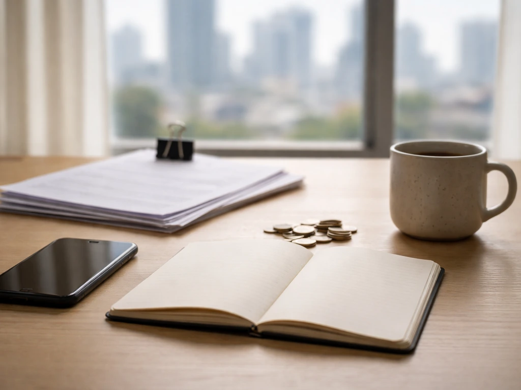 Minimal home office desk with smartphone, blank notebook pages, and coins symbolizing stock holdings.