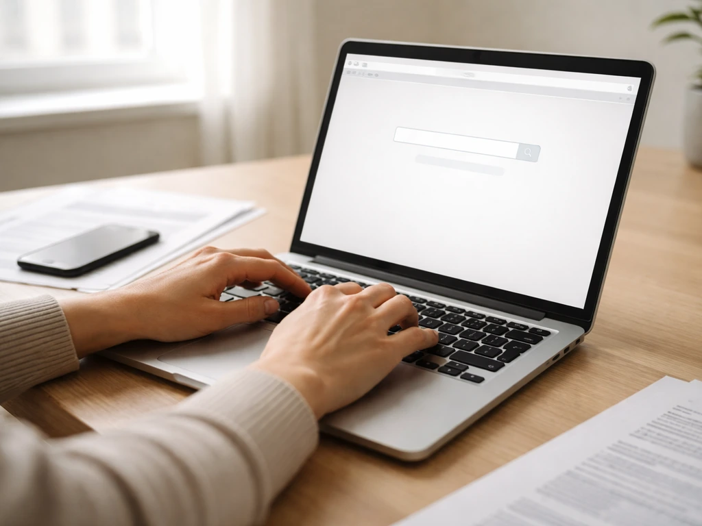Close-up of a laptop with a user typing an SEC EDGAR-style search, and documents nearby