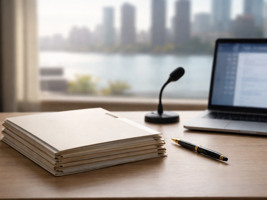 Minimal office scene with insurance paperwork, a desk microphone, and a blurred Long Island-style skyline backdrop