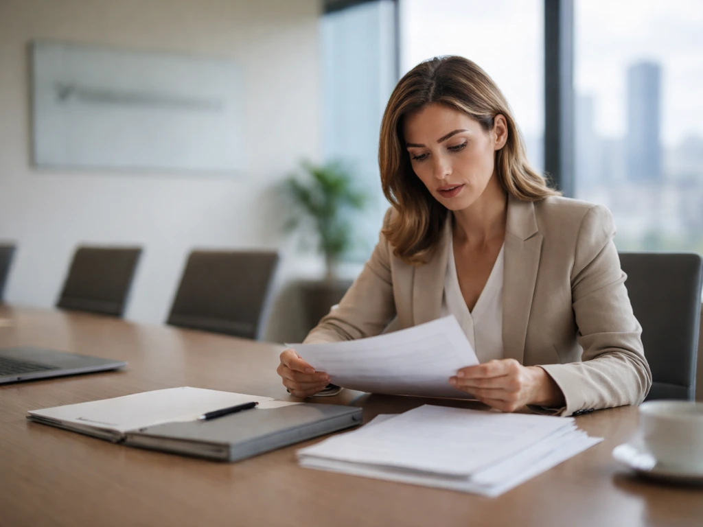 Professional reviewing blank brokerage paperwork in a quiet office, implying an insurance acquisition context.