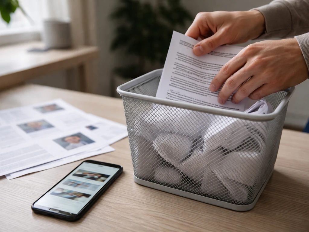 Hands placing anonymous documents into recycling bin with a phone and blurred personal papers nearby.