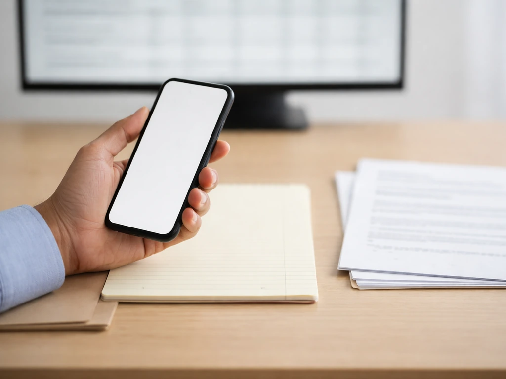 Anonymous hand reviewing documents on a desk with a phone and blurred spreadsheet-like screen.