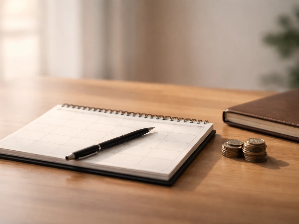 Minimal office desk with a pen, calendar pages, and a small coin stack suggesting business wealth milestones