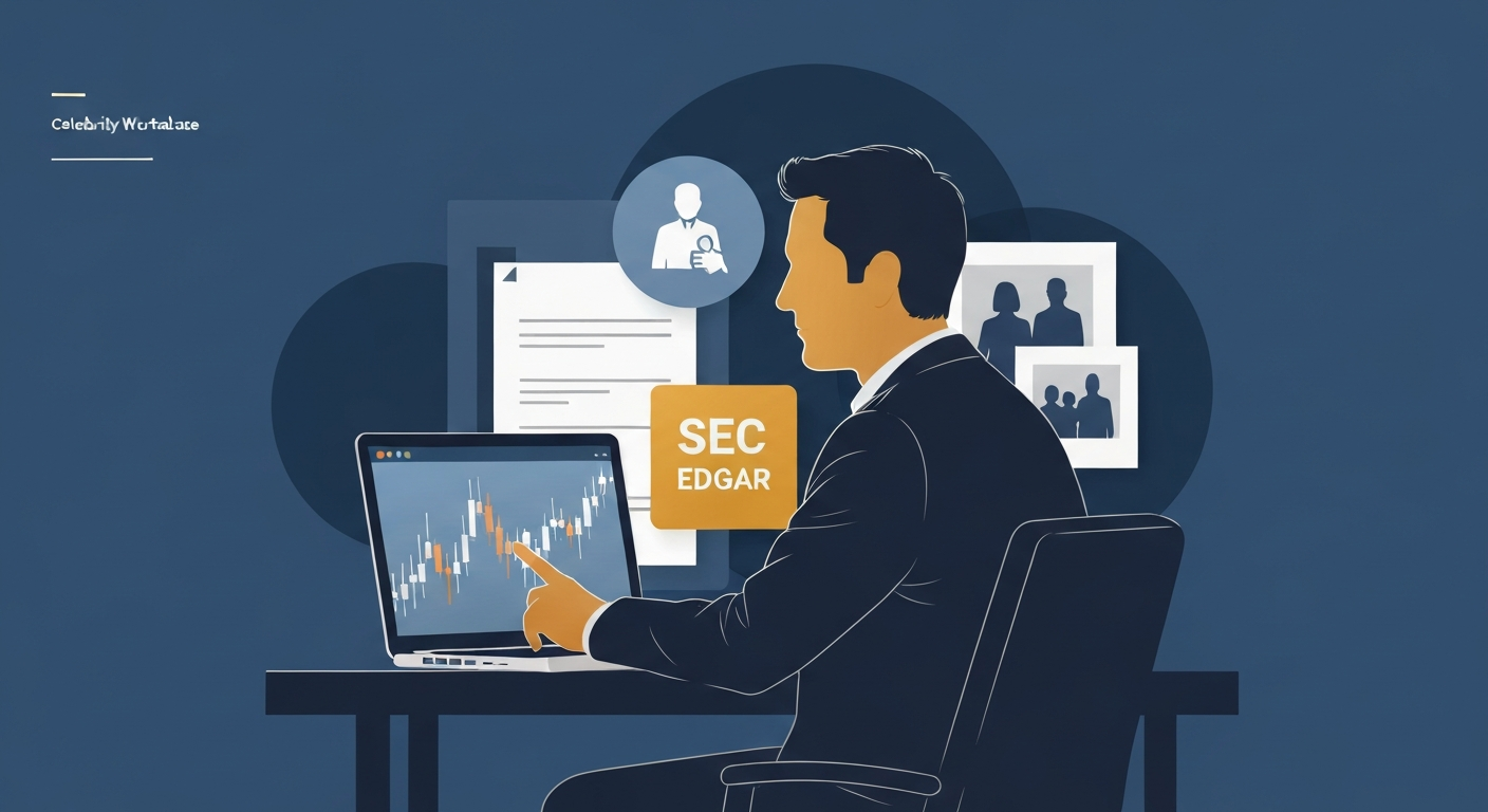 Stylized editorial illustration of a generic banking executive at a desk with financial charts and document motifs, representing a private individual's financial profile.