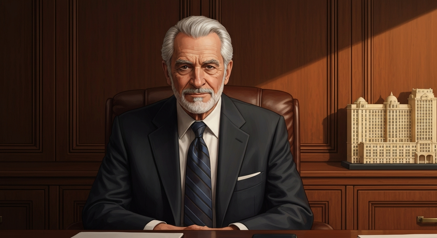 Illustrated editorial portrait of Fred Malek-style elderly executive in a suit, seated in an office with hotel industry motifs, warm muted tones.