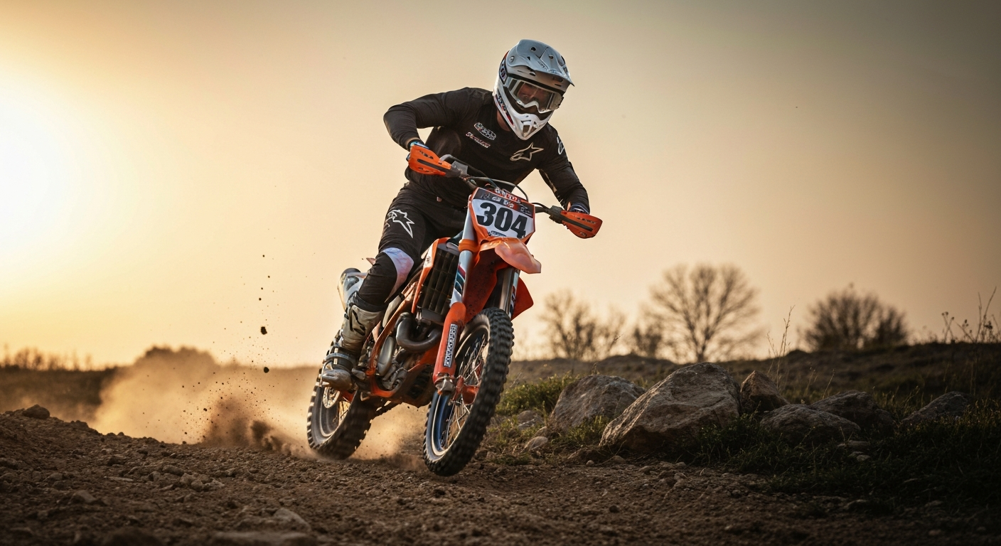 Action portrait of a young hard enduro rider (race #304) leaping over rocks at sunset