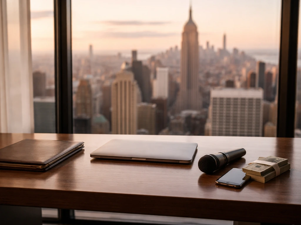 NYC luxury real estate office scene with warm light, money symbolism, and a sleek broker desk