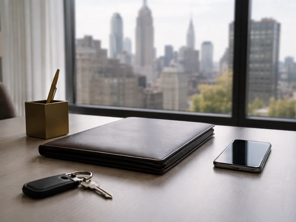 NYC real estate brokerage office desk with brass details and city view through a window, no text