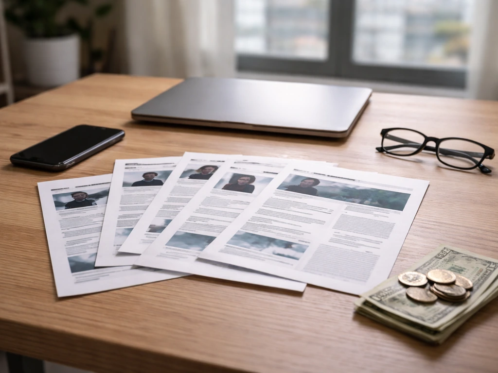 Minimal desk scene with printed page snapshots, a phone, and subtle money to suggest conflicting net-worth sources.