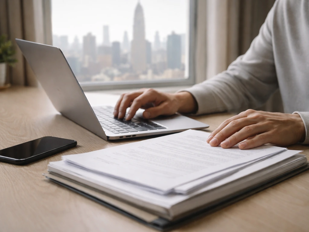Anonymous hands reviewing generic documents on a laptop in a home office with a blurred city skyline.