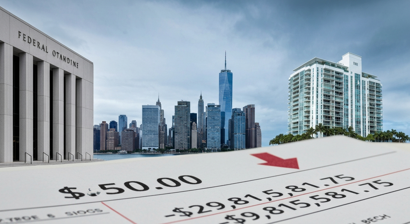 Composite news-style image showing a courthouse, Manhattan skyline, Miami Beach condo and bankruptcy documents highlighting $50 and -$29,815,581.75.