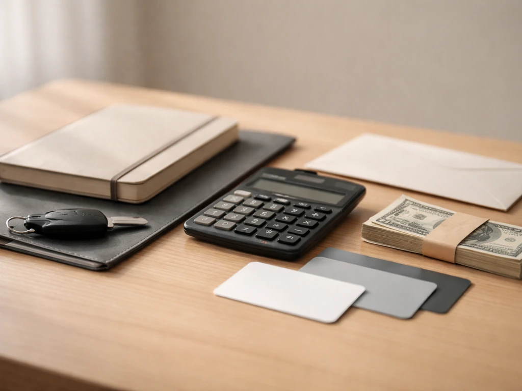 Minimal desk with calculator, cash, key, and papers symbolizing assets minus liabilities