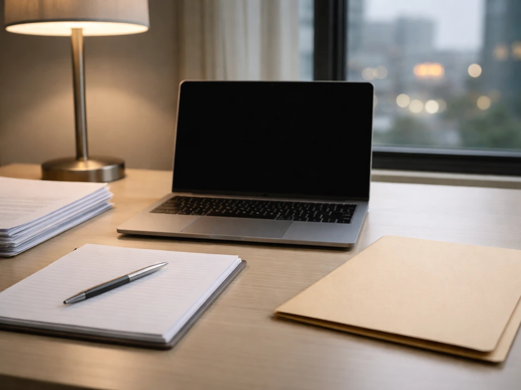 Laptop and blank notepad on a tidy office desk with a blank briefing folder, symbolizing consulting work.