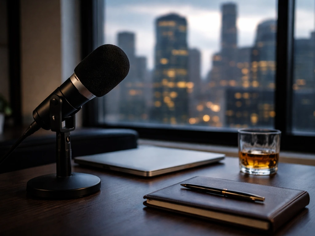 Anonymous studio office scene with a microphone, laptop, and city skyline, symbolizing media and wealth tracking