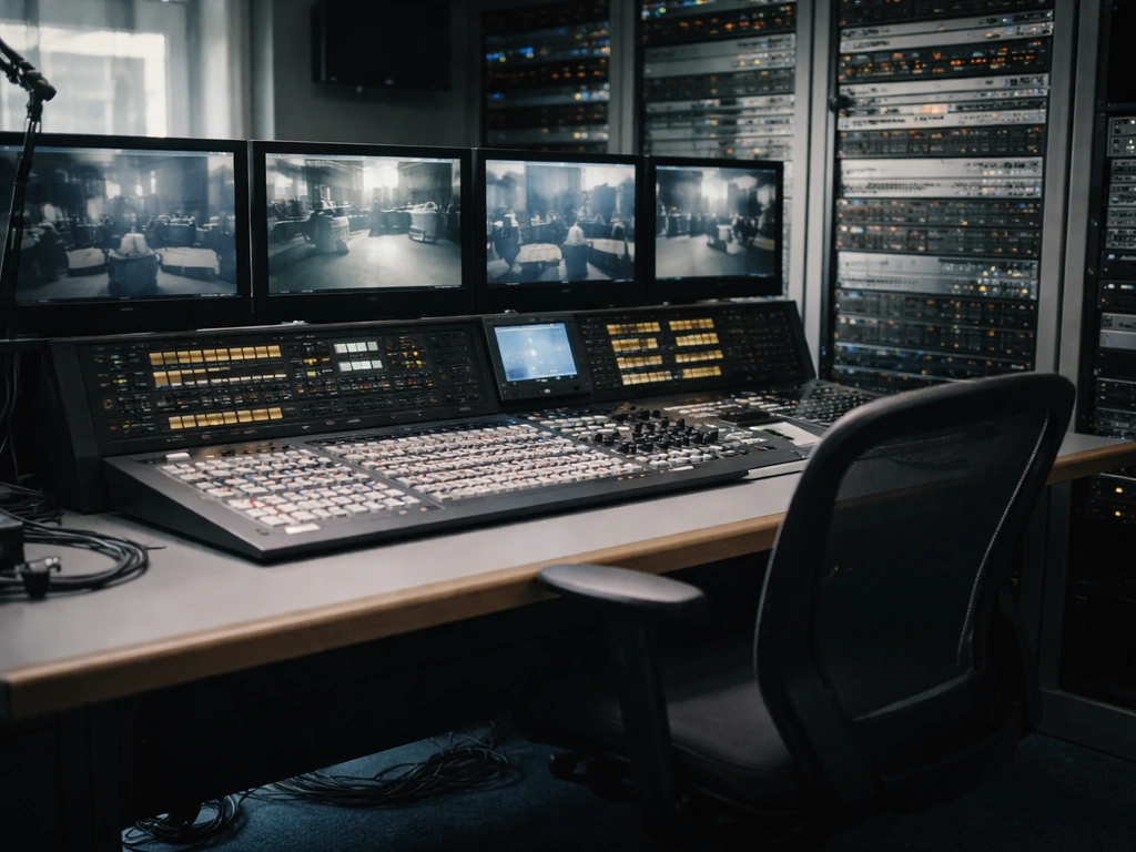 Minimal TV production control room with monitors and equipment, symbolizing television acting income