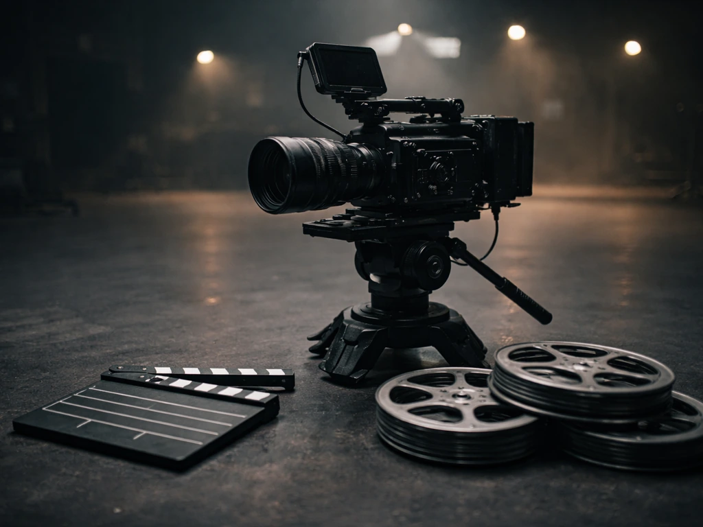 Minimal film set scene with a clapperboard and cinema camera beside a film reel on a dark soundstage