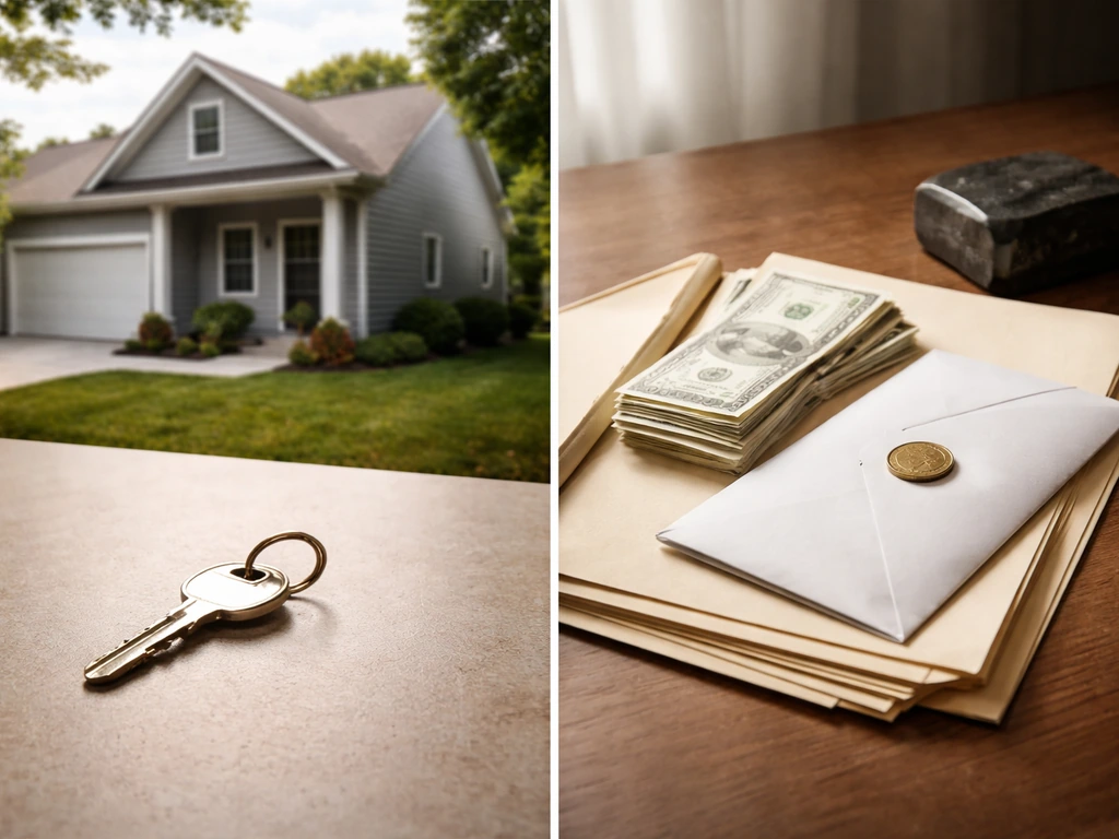 Minimal split-panel photo showing a house and keys on one side, and plain bills and coins on the other.