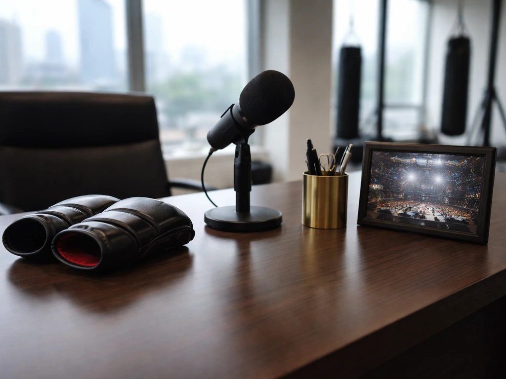 Minimal MMA leadership office desk with training gloves, microphone, and city light—symbolic net worth analysis vibe.