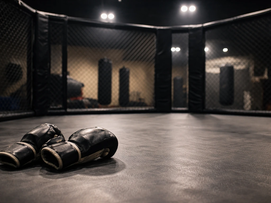 Empty MMA cage with worn boxing gloves on the mat in a quiet gym arena.