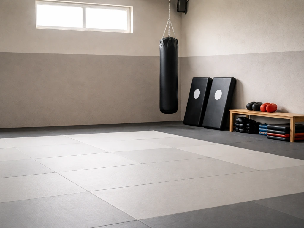 Minimal martial arts gym interior with tatami mats, heavy bag, and training pads.