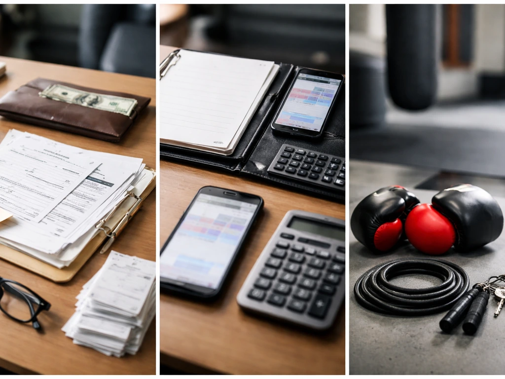 Minimal photo of a combat gym office desk with cash envelopes, invoices folder, and gym gear items symbolizing investmen