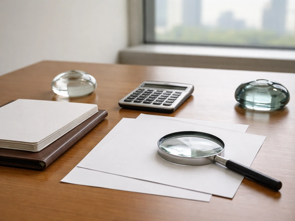 Minimal desk scene with paper, calculator, and magnifying glass suggesting verifying conflicting figures