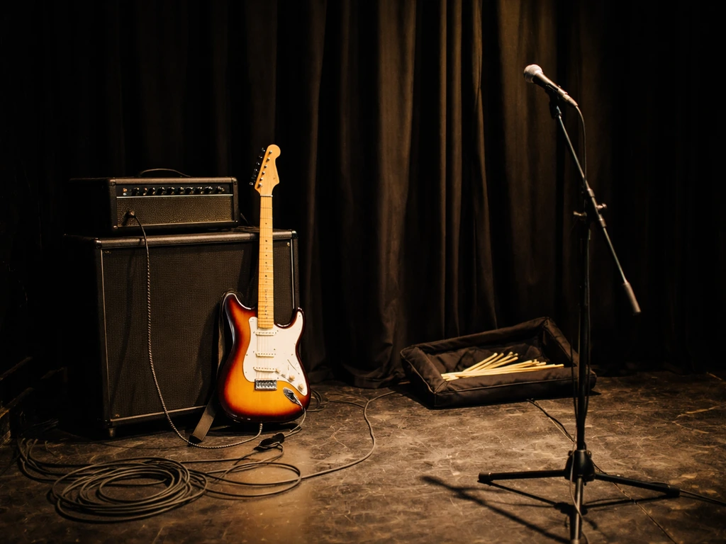 Electric guitar and microphone stand on a quiet stage with cables and amps, no people in view.