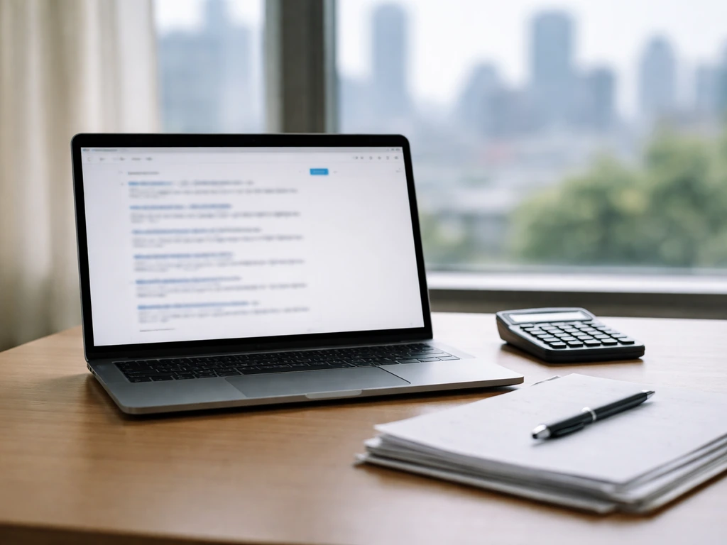 Desk scene with an open laptop, calculator, and scattered documents suggesting public-records net worth research.