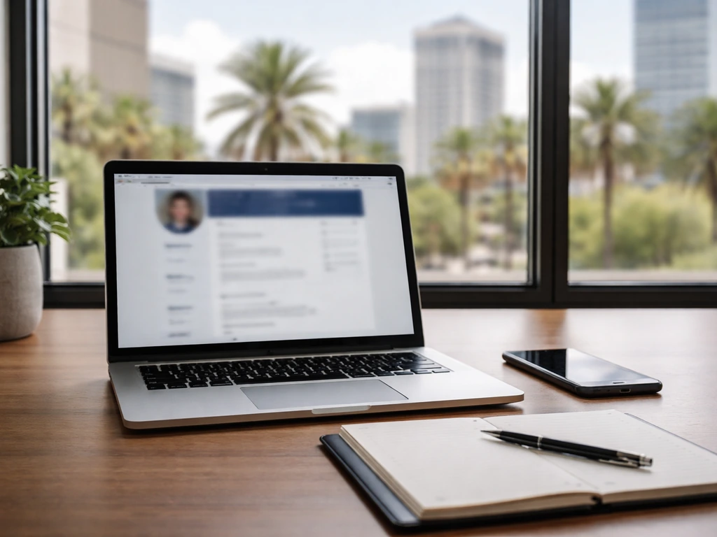 Minimal office desk with laptop and phone showing a blurred professional profile page, city view in background.