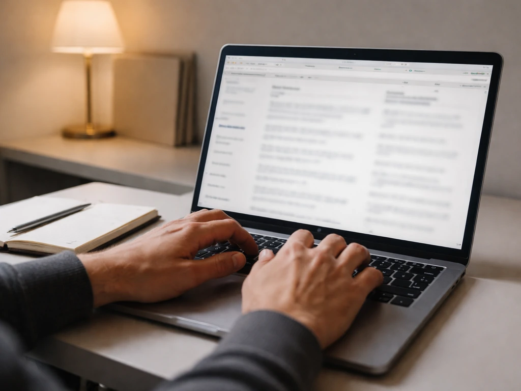 Close-up of a laptop and notebook with open web-search pages for public records and company filings