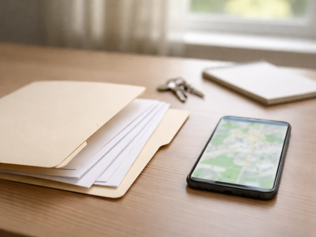 Close-up of a property records folder beside an open address-map style street view, office desk setup