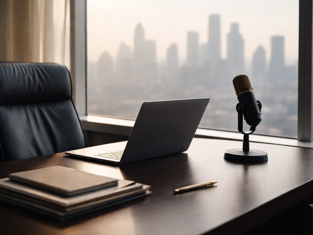 Minimal finance office scene with desk microphone, open laptop, and city skyline through window