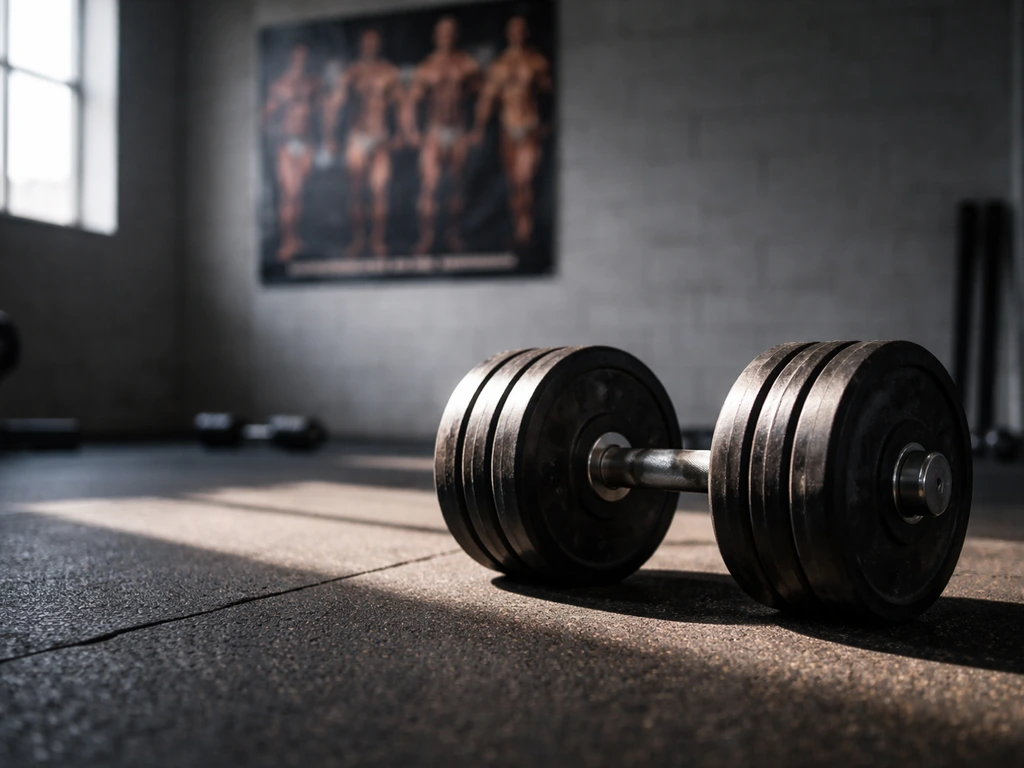 Dim gym corner with dumbbells and a blurred bodybuilding poster, symbolizing athlete wealth context