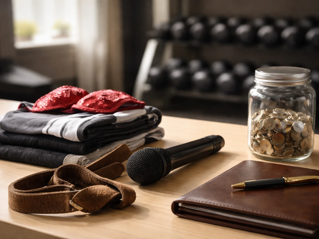 Minimal studio desk with microphone, weightlifting straps, workout gear, coins, and a leather portfolio.