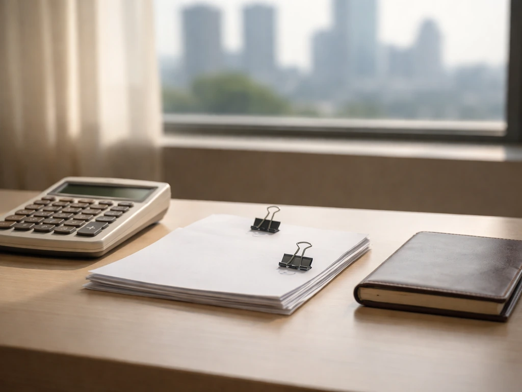 Minimal photo of a banker’s desk with a calculator and scattered documents, symbolizing a defensible estimate range.