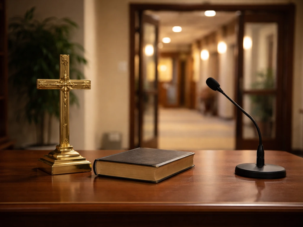 Quiet church office desk with brass cross and microphone, warm Houston-style lighting, no people.