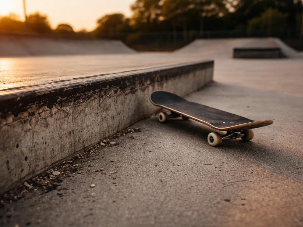 Empty street skatepark with a skateboard rolling near a ledge, motion blur in natural light.