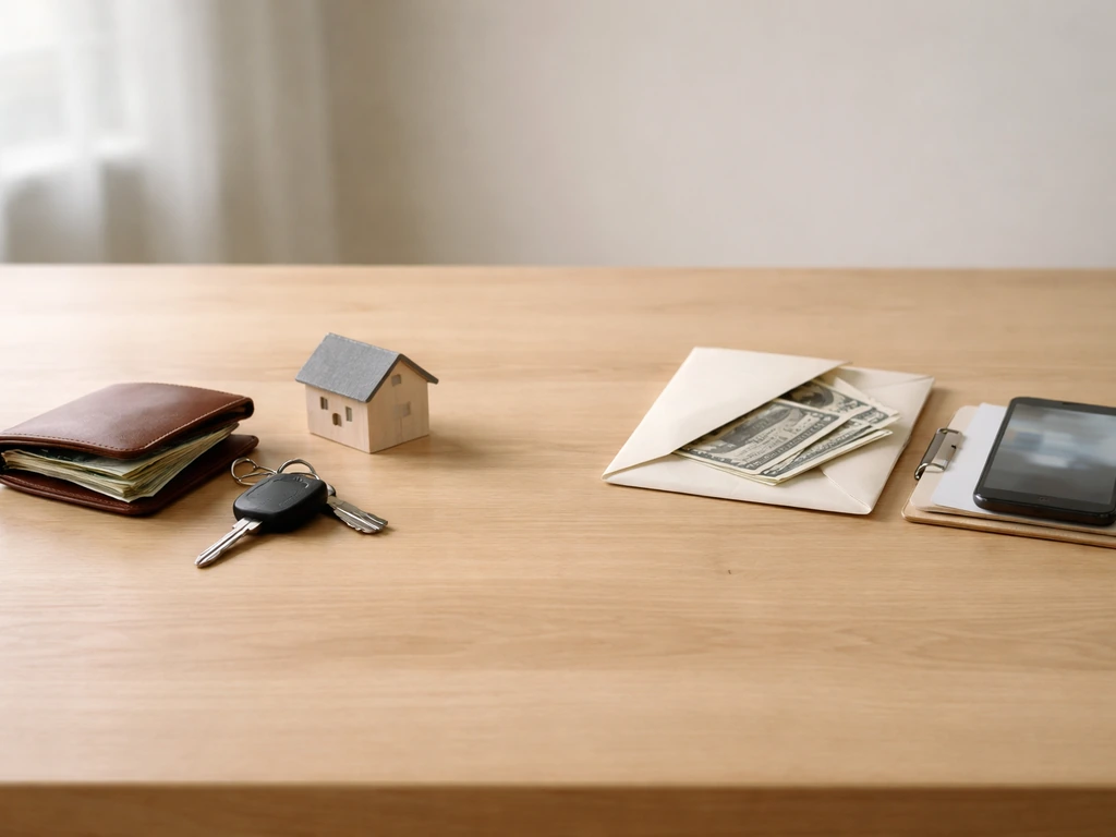 Desk scene with cash and house keys on one side, bills and a credit card on the other.