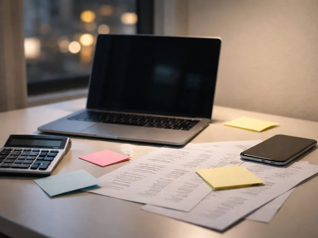 Minimal desk scene with laptop, calculator, and blurred papers suggesting conflicting net worth estimates