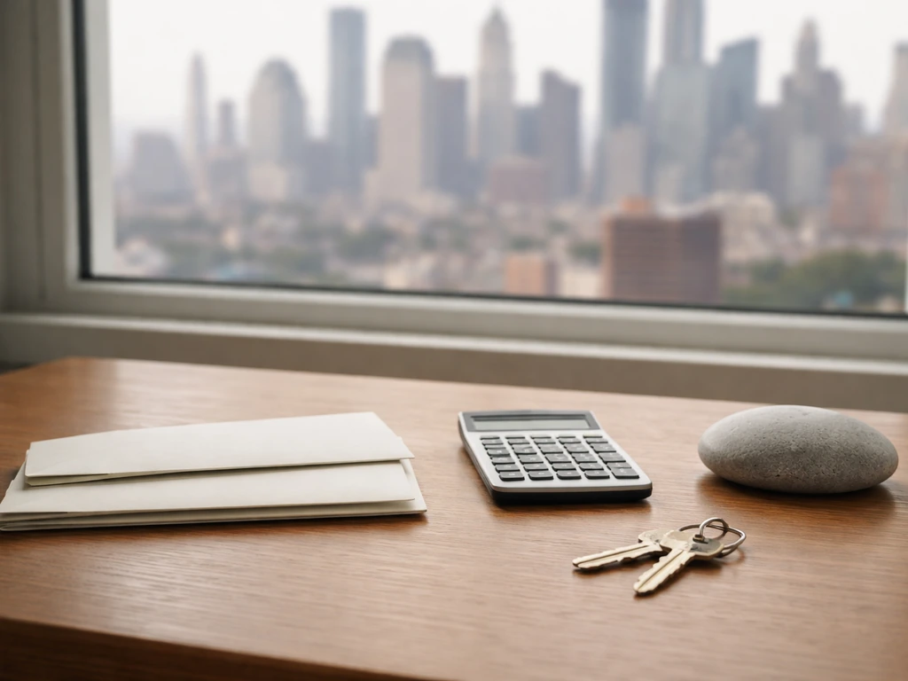 Minimal photo of a desk with a city skyline view and two stacked envelopes beside a calculator, symbolizing assets and i
